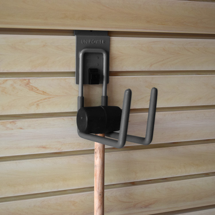 Ganchos en forma de J para pared de listones de PVC para almacenamiento de servicios públicos en garaje